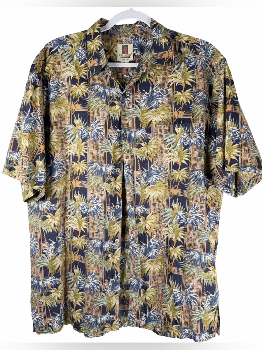 Tori Richard Honolulu Hawaii Tropical Palm Leaf Cotton Short Sleeve Shirt Large